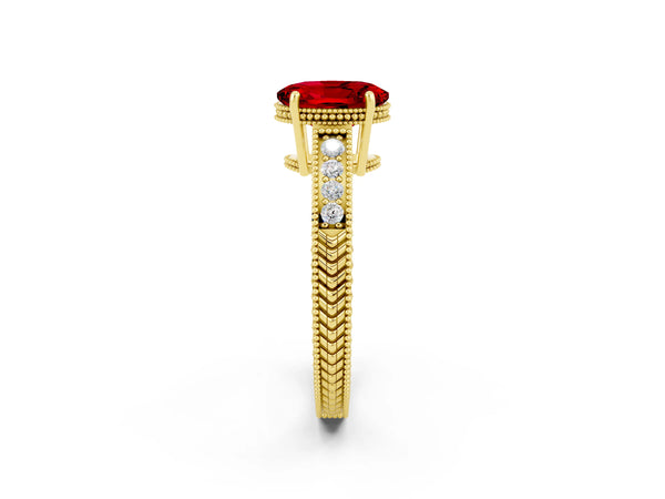 Yellow gold Oval Cut Ruby Ring with Milgrain Pavé Band and Four-Prong Setting