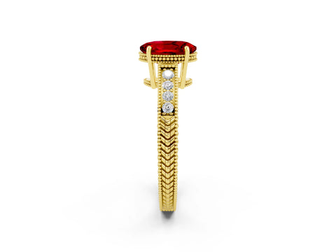 Yellow gold Oval Cut Ruby Ring with Milgrain Pavé Band and Four-Prong Setting_14