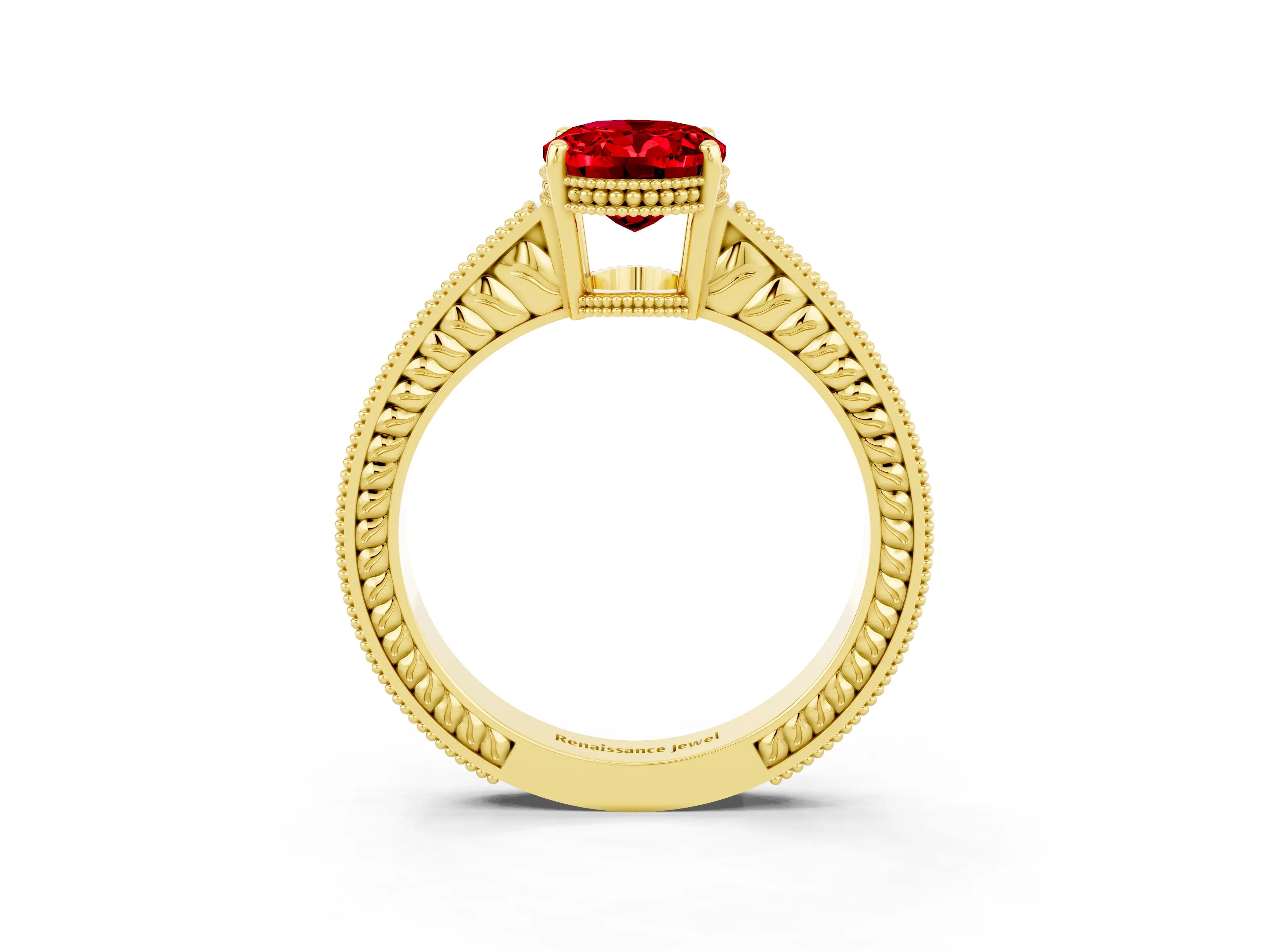 Yellow gold Oval Cut Ruby Ring with Milgrain Pavé Band and Four-Prong Setting_15