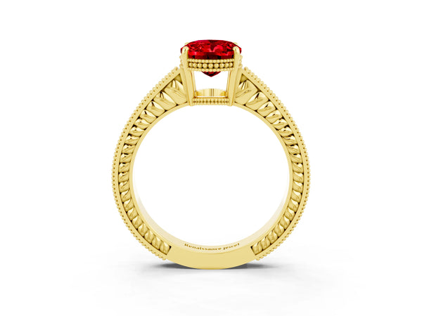 Yellow gold Oval Cut Ruby Ring with Milgrain Pavé Band and Four-Prong Setting