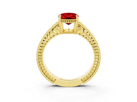 Yellow gold Oval Cut Ruby Ring with Milgrain Pavé Band and Four-Prong Setting_15