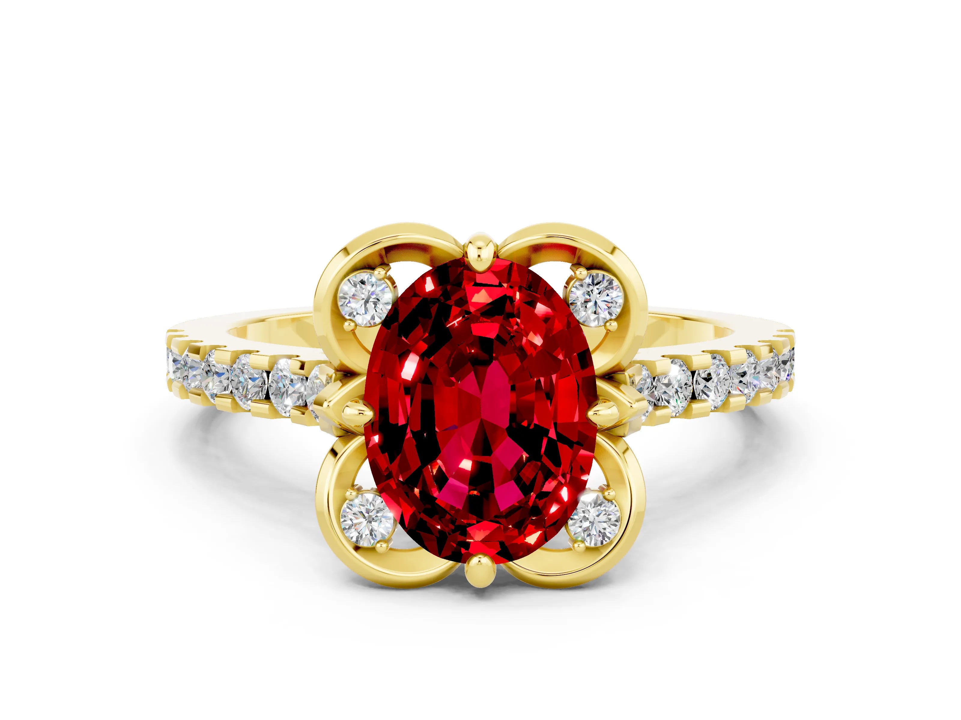 Yellow gold Oval Cut Ruby Ring with Pavé Band and Floral Prong Setting
