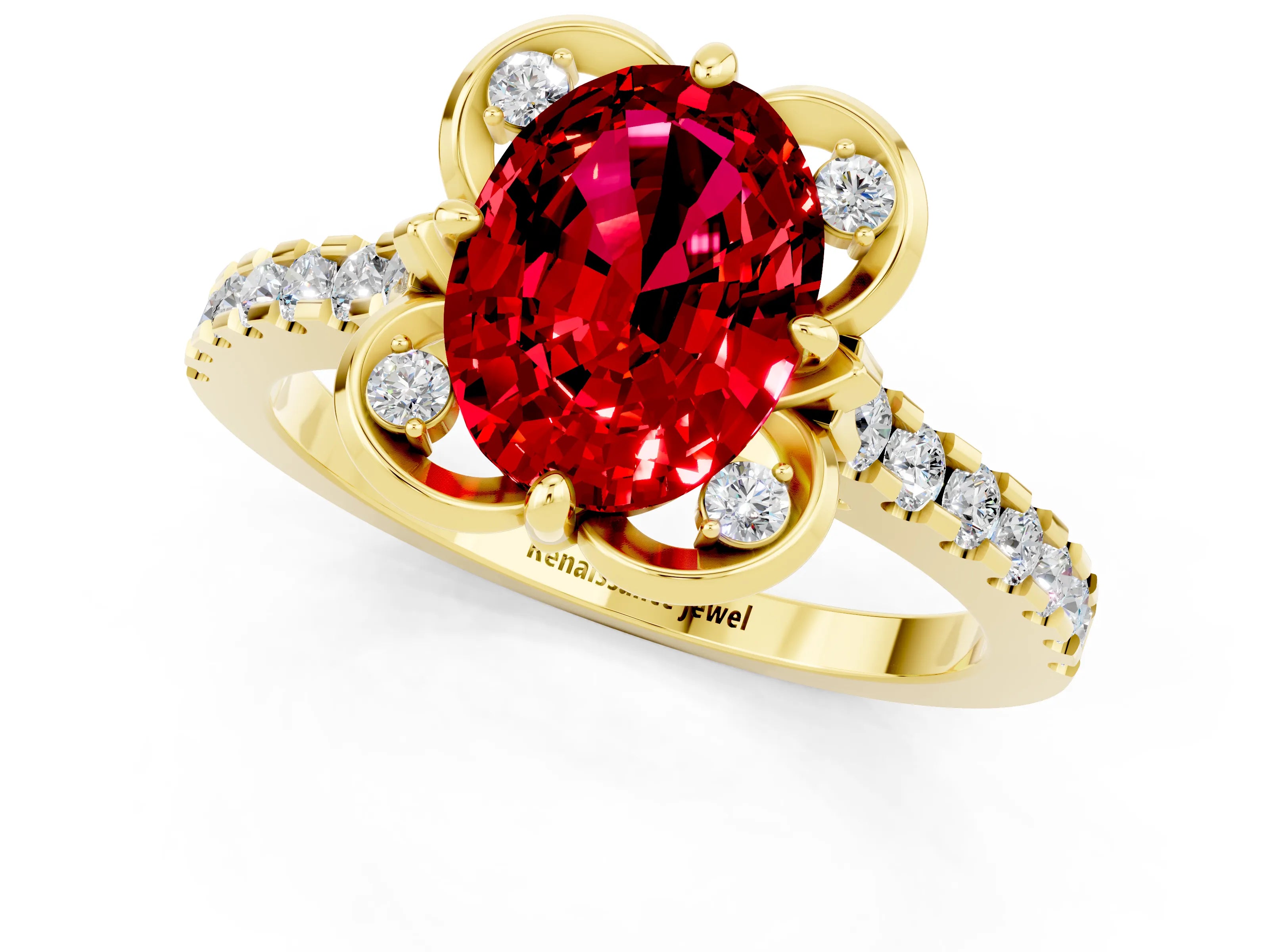 Yellow gold Oval Cut Ruby Ring with Pavé Band and Floral Prong Setting_1