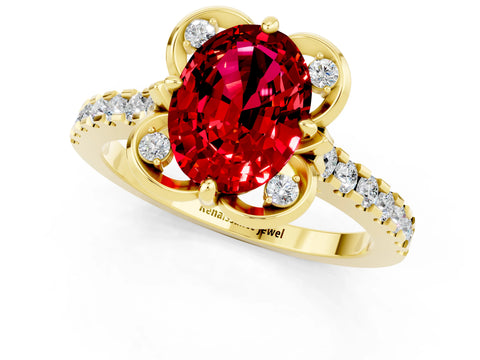 Yellow gold Oval Cut Ruby Ring with Pavé Band and Floral Prong Setting_1
