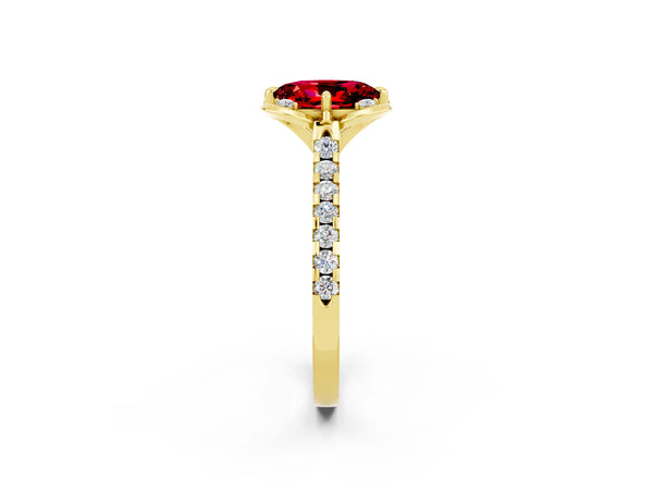 Yellow gold Oval Cut Ruby Ring with Pavé Band and Floral Prong Setting
