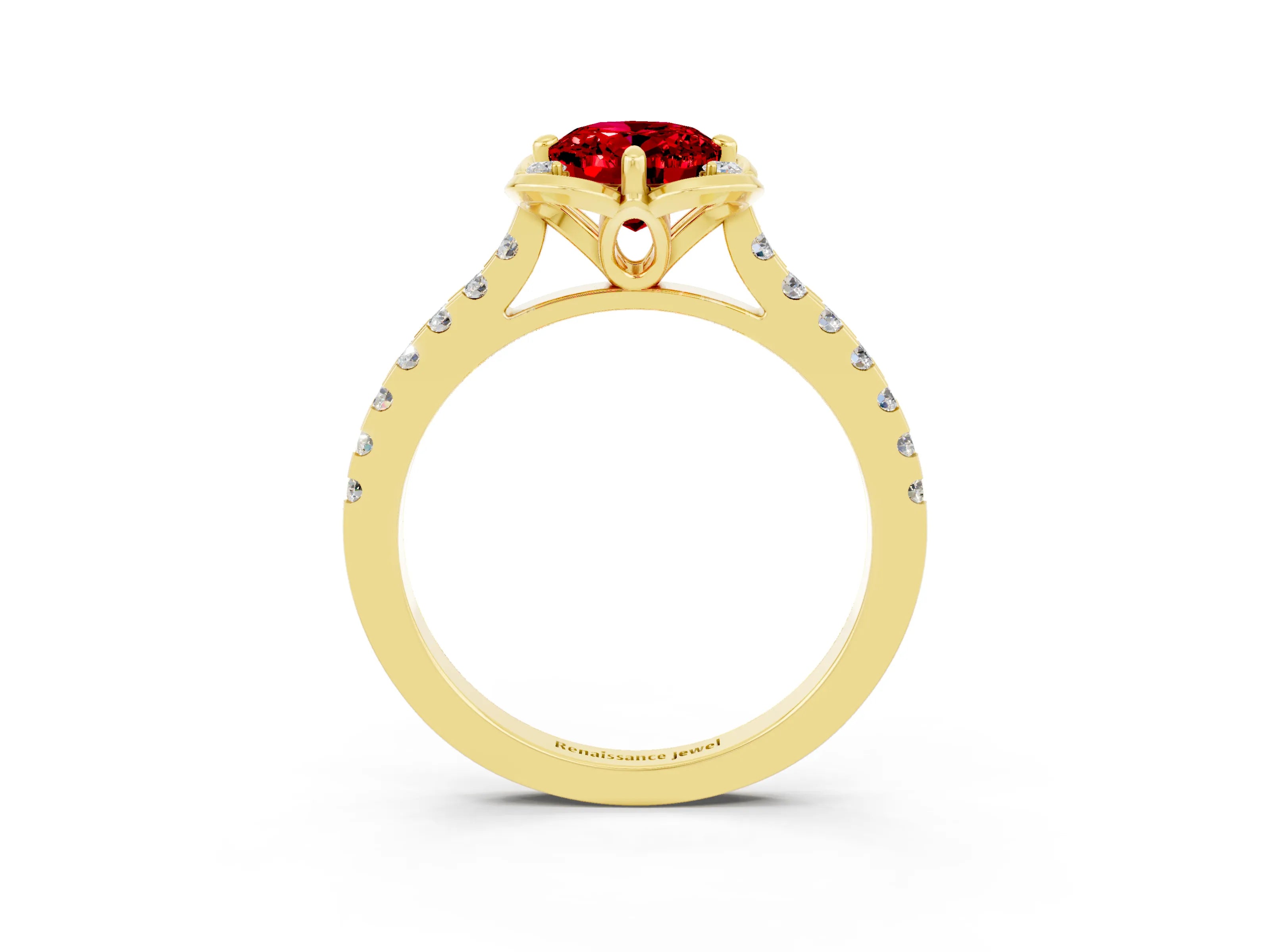 Yellow gold Oval Cut Ruby Ring with Pavé Band and Floral Prong Setting_3