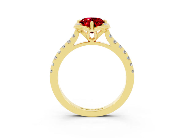 Yellow gold Oval Cut Ruby Ring with Pavé Band and Floral Prong Setting