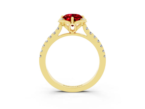 Yellow gold Oval Cut Ruby Ring with Pavé Band and Floral Prong Setting_3