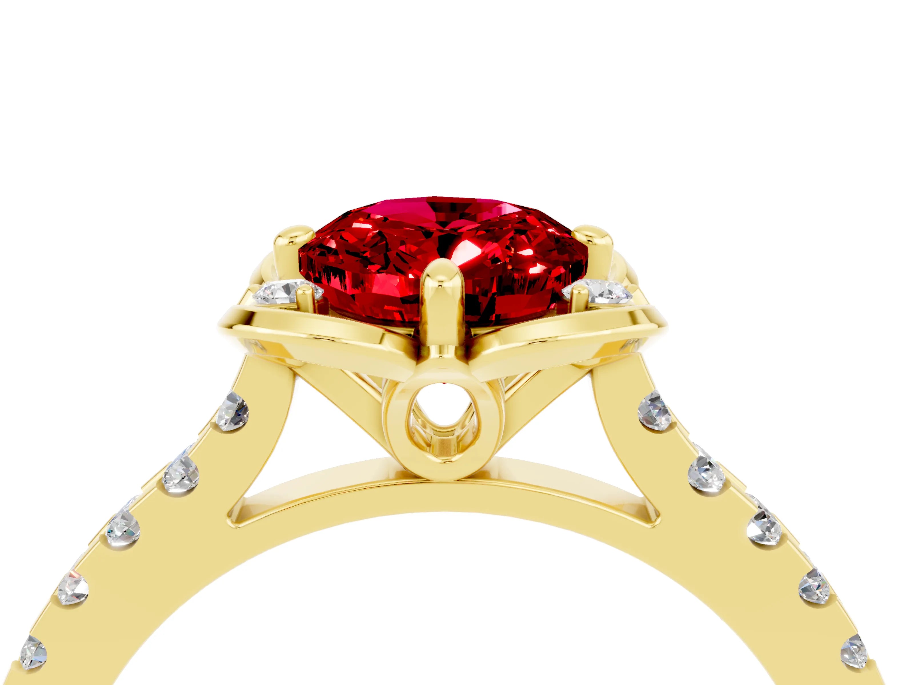 Yellow gold Oval Cut Ruby Ring with Pavé Band and Floral Prong Setting_4