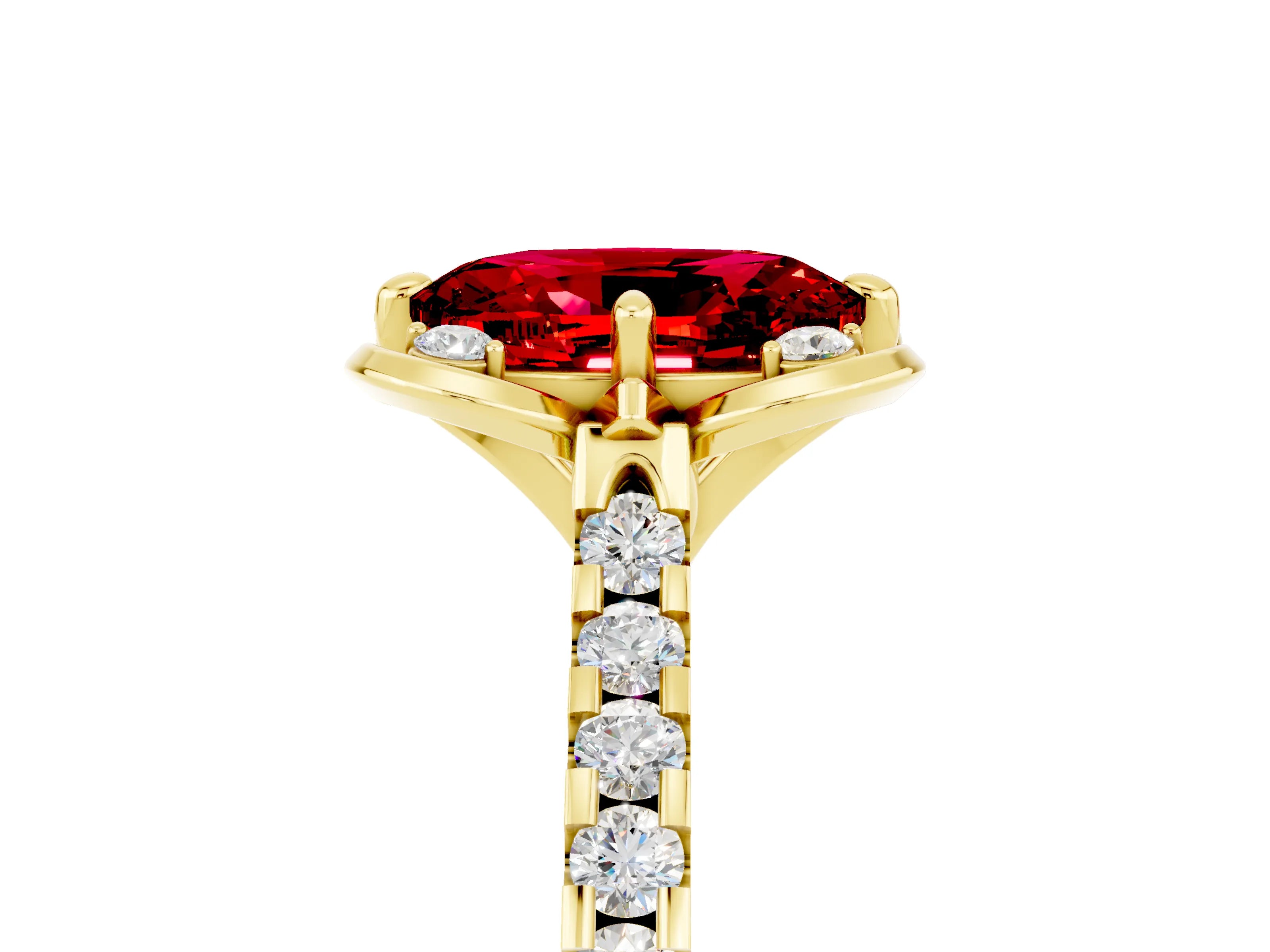 Yellow gold Oval Cut Ruby Ring with Pavé Band and Floral Prong Setting_5