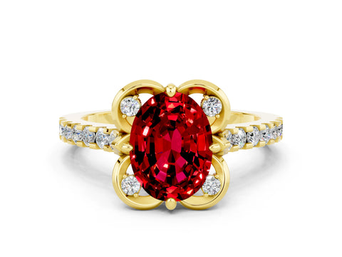 Yellow gold Oval Cut Ruby Ring with Pavé Band and Floral Prong Setting