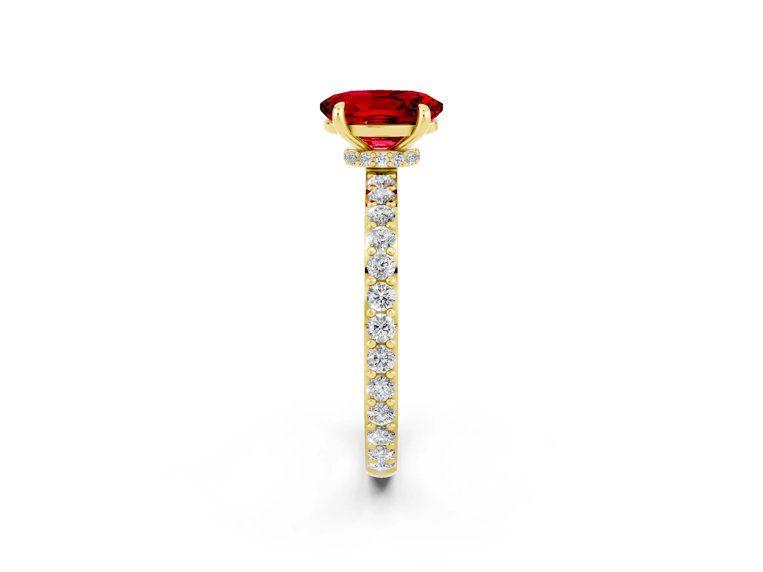 Yellow gold Oval Cut Ruby Ring with Pavé Band and Four-Prong Setting_2