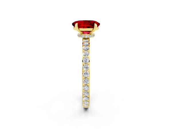 Yellow gold Oval Cut Ruby Pavé Engagement Ring with Round  Accents and Prong Setting
