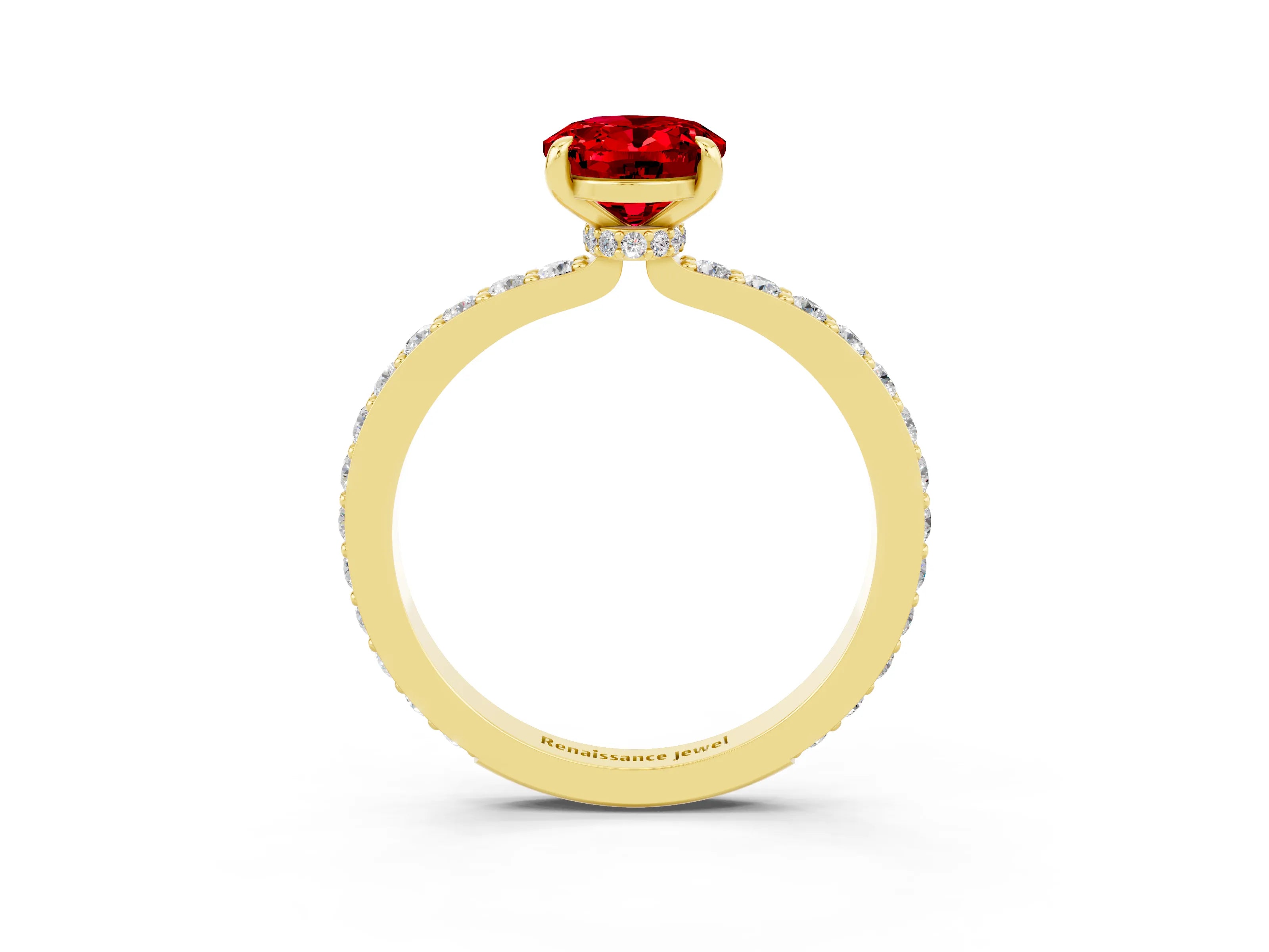 Yellow gold Oval Cut Ruby Ring with Pavé Band and Four-Prong Setting_3