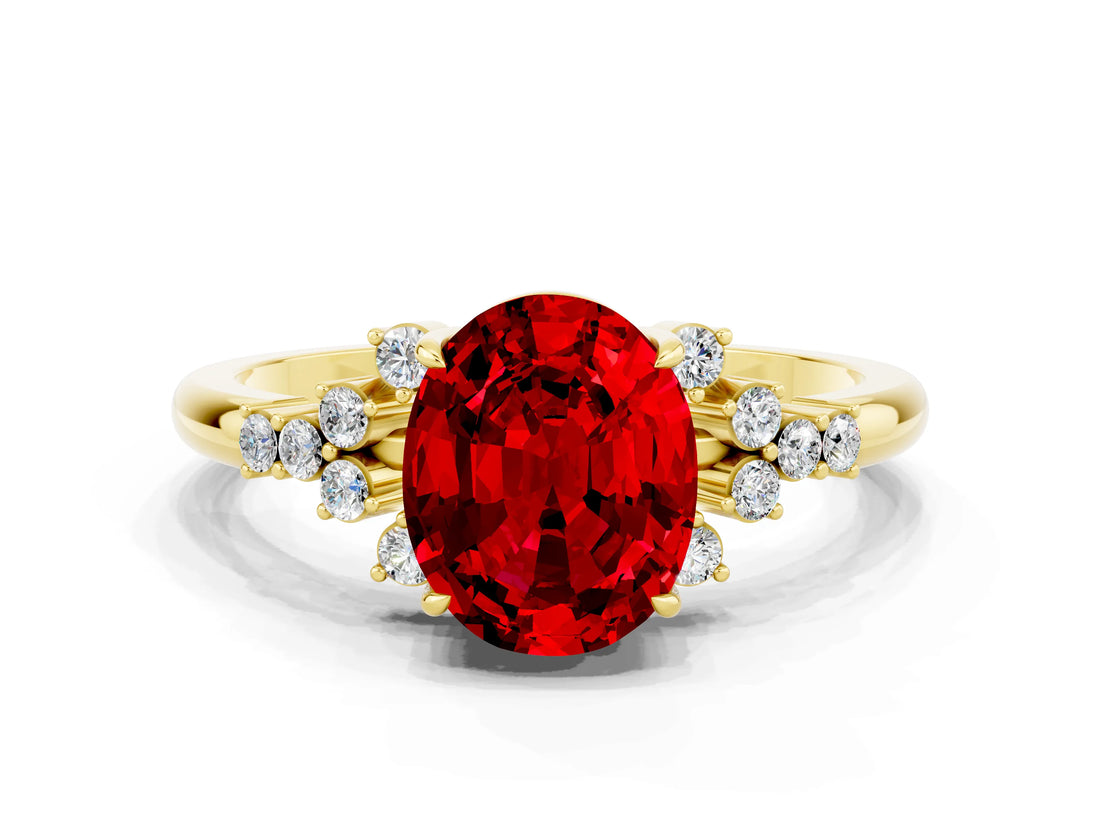 Yellow gold Oval Cut Ruby Ring with Side Stones and Four-Prong Setting_72