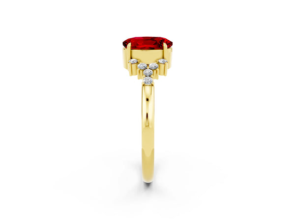 Yellow gold Oval Cut Ruby Ring with Side Stones and Four-Prong Setting