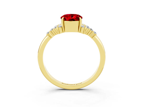 Yellow gold Oval Cut Ruby Ring with Side Stones and Four-Prong Setting