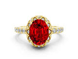Yellow gold Oval Cut Ruby Scalloped Halo Engagement Ring with Round Shared Prong Band_12