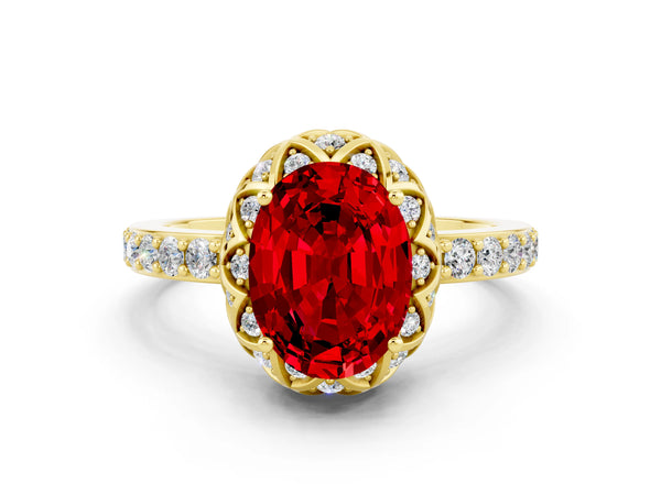 Yellow gold Oval Cut Ruby Scalloped Halo Engagement Ring with Round Shared Prong Band