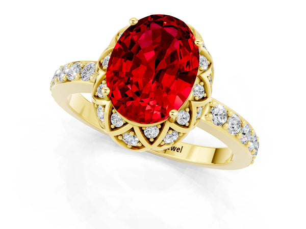 Yellow gold Oval Cut Ruby Scalloped Halo Engagement Ring with Round Shared Prong Band