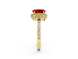 Yellow gold Oval Cut Ruby Scalloped Halo Engagement Ring with Round Shared Prong Band_14