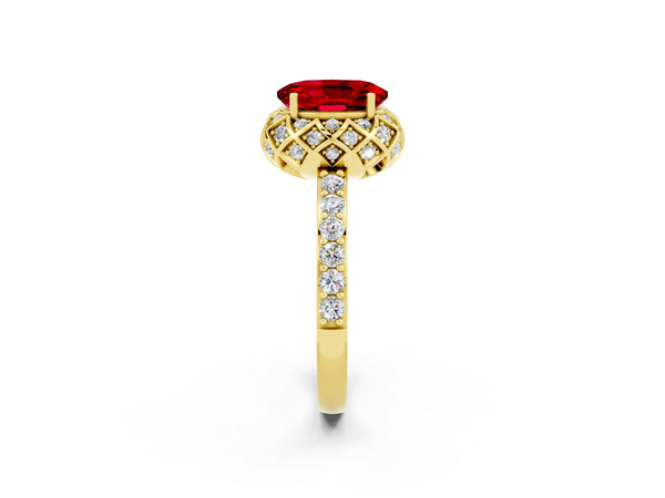 Yellow gold Oval Cut Ruby Scalloped Halo Engagement Ring with Round Shared Prong Band
