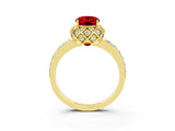 Yellow gold Oval Cut Ruby Scalloped Halo Engagement Ring with Round Shared Prong Band_15