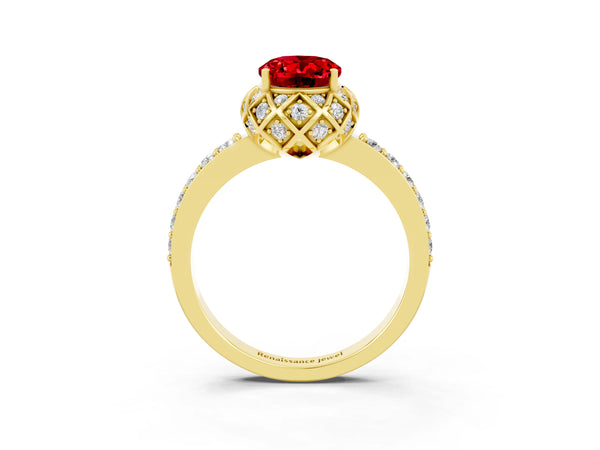 Yellow gold Oval Cut Ruby Scalloped Halo Engagement Ring with Round Shared Prong Band
