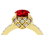Yellow gold Oval Cut Ruby Scalloped Halo Engagement Ring with Round Shared Prong Band_16