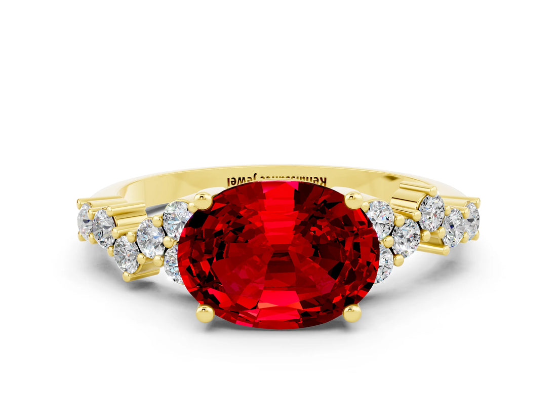 Yellow gold Oval Cut Ruby Scattered Round Accent Ring with Prong Setting_12