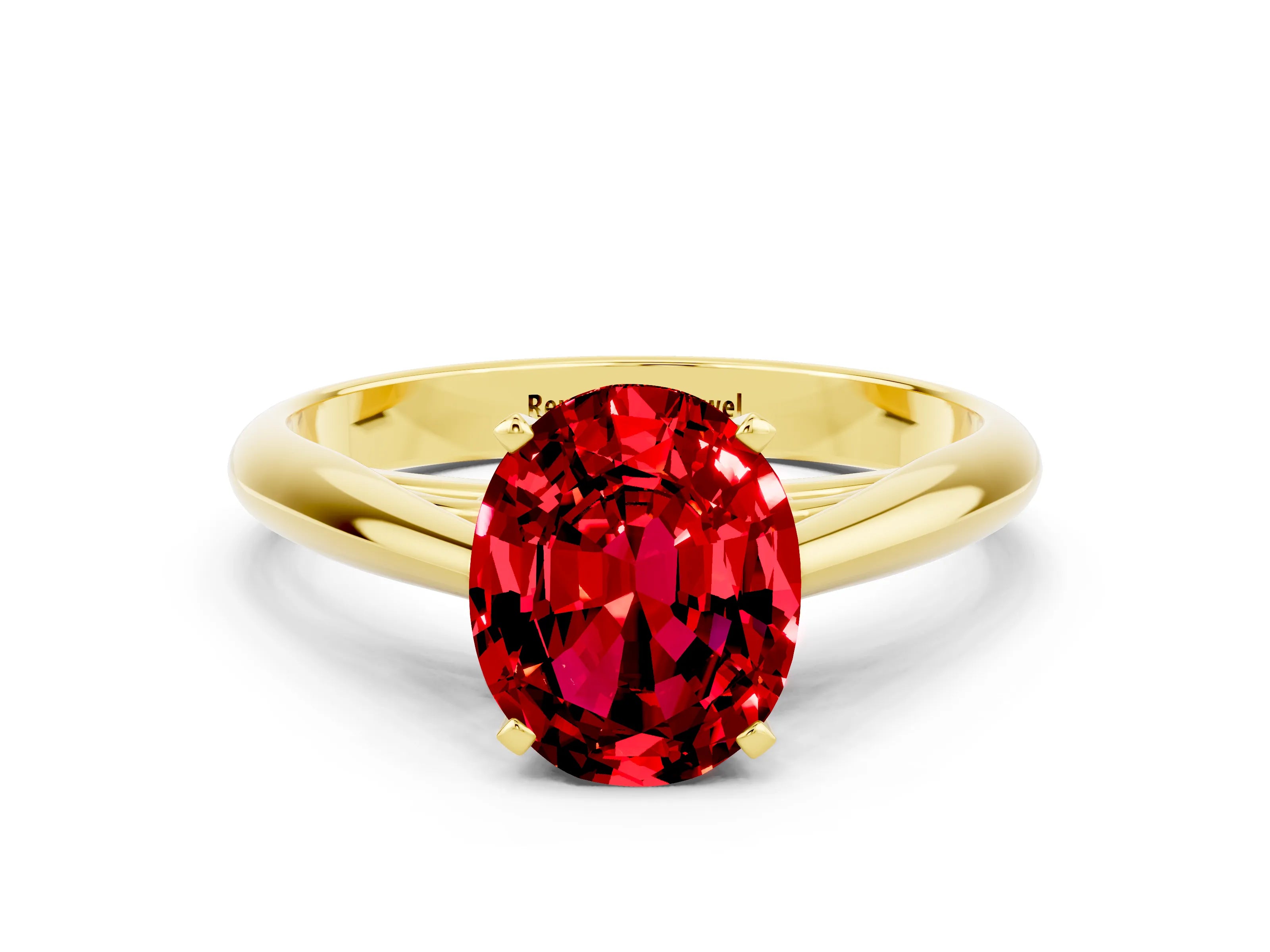 Yellow gold Oval Cut Ruby Solitaire Engagement Ring with Cathedral Setting and Four-Prong Mount_12