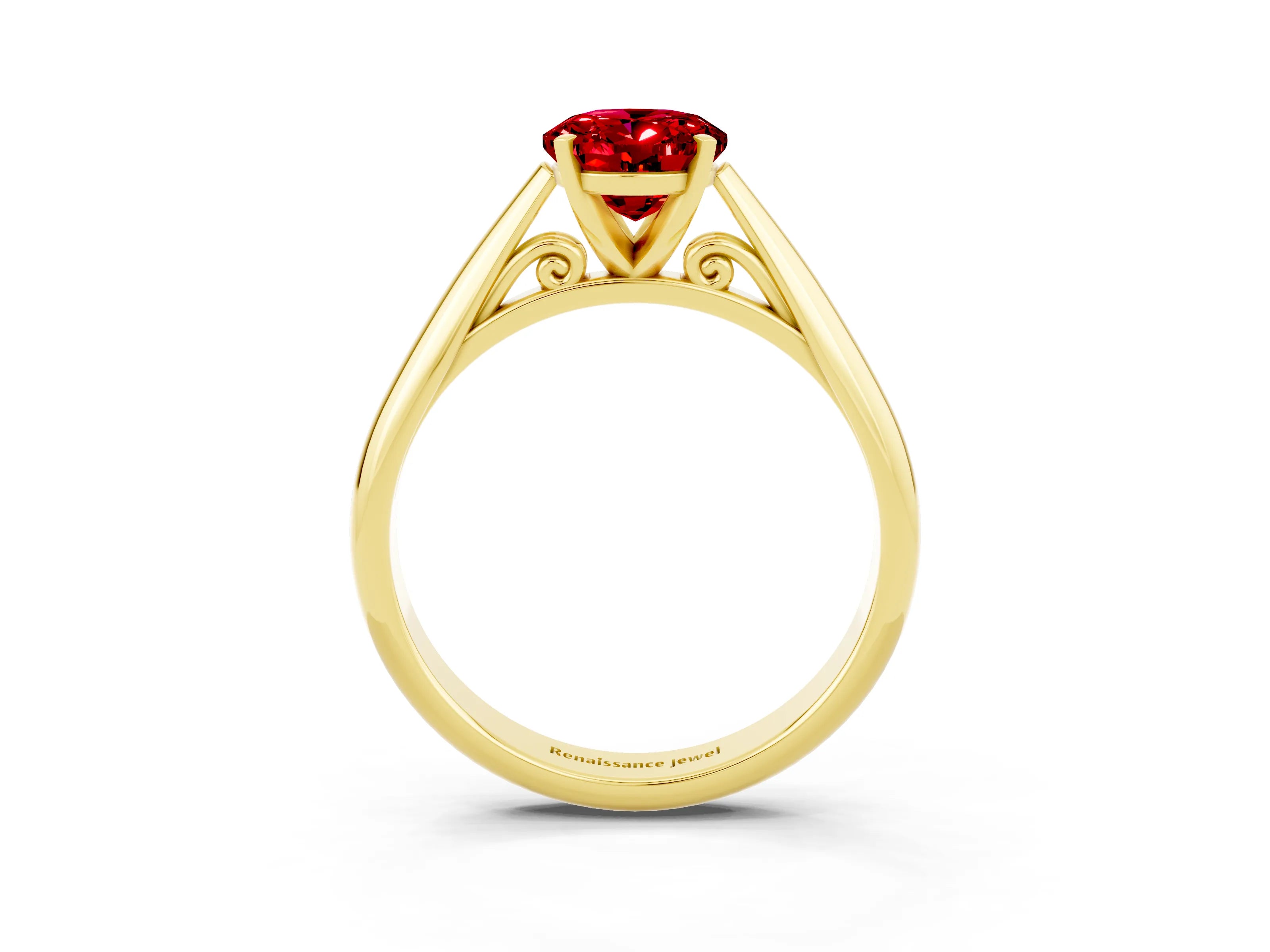 Yellow gold Oval Cut Ruby Solitaire Engagement Ring with Cathedral Setting and Four-Prong Mount_15