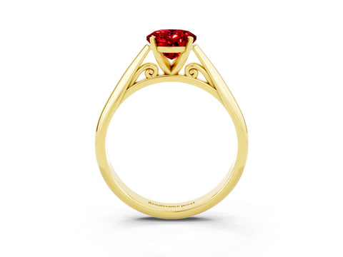 Yellow gold Oval Cut Ruby Solitaire Engagement Ring with Cathedral Setting and Four-Prong Mount_15