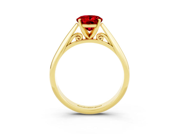 Yellow gold Oval Cut Ruby Solitaire Engagement Ring with Cathedral Setting and Four-Prong Mount