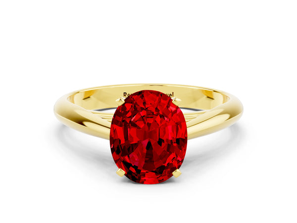 Yellow gold Oval Cut Ruby Solitaire Engagement Ring with Cathedral Setting and Four-Prong Mount