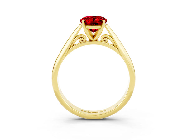 Yellow gold Oval Cut Ruby Solitaire Engagement Ring with Cathedral Setting and Four-Prong Mount