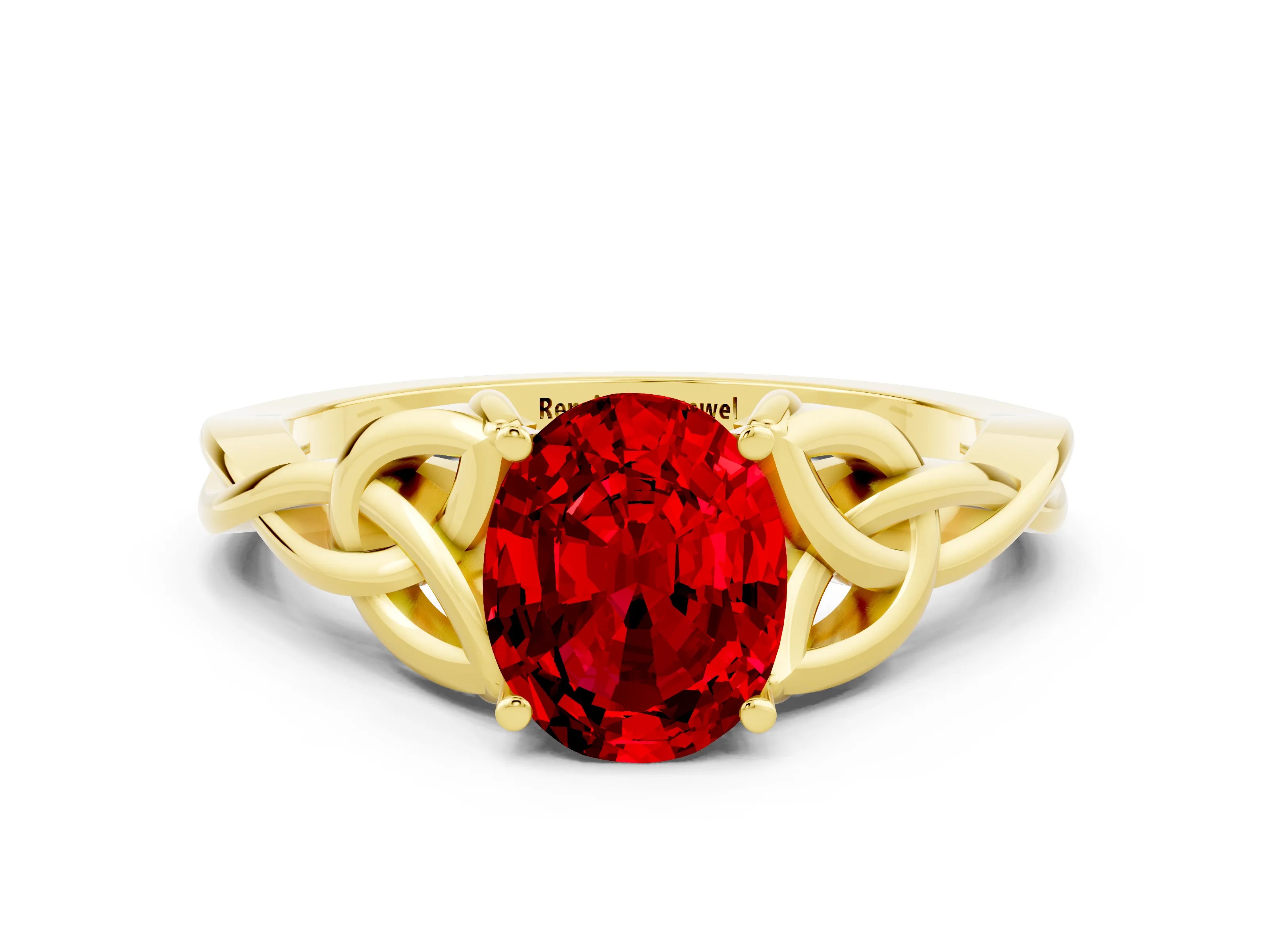 Yellow gold Oval Cut Ruby Solitaire Engagement Ring with Celtic Knot Band and Four-Prong Setting