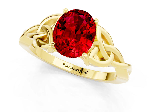 Yellow gold Oval Cut Ruby Solitaire Engagement Ring with Celtic Knot Band and Four-Prong Setting
