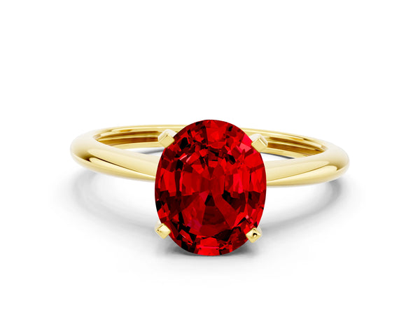 Yellow Gold Oval Lab-Grown Ruby Solitaire Engagement Ring with Thin Plain Band and Basket Head