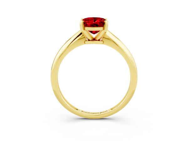 Yellow Gold Oval Lab-Grown Ruby Solitaire Engagement Ring with Thin Plain Band and Basket Head