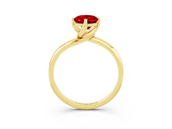 Yellow gold Oval Cut Ruby Solitaire Engagement Ring with Four-Prong Setting and Classic Band