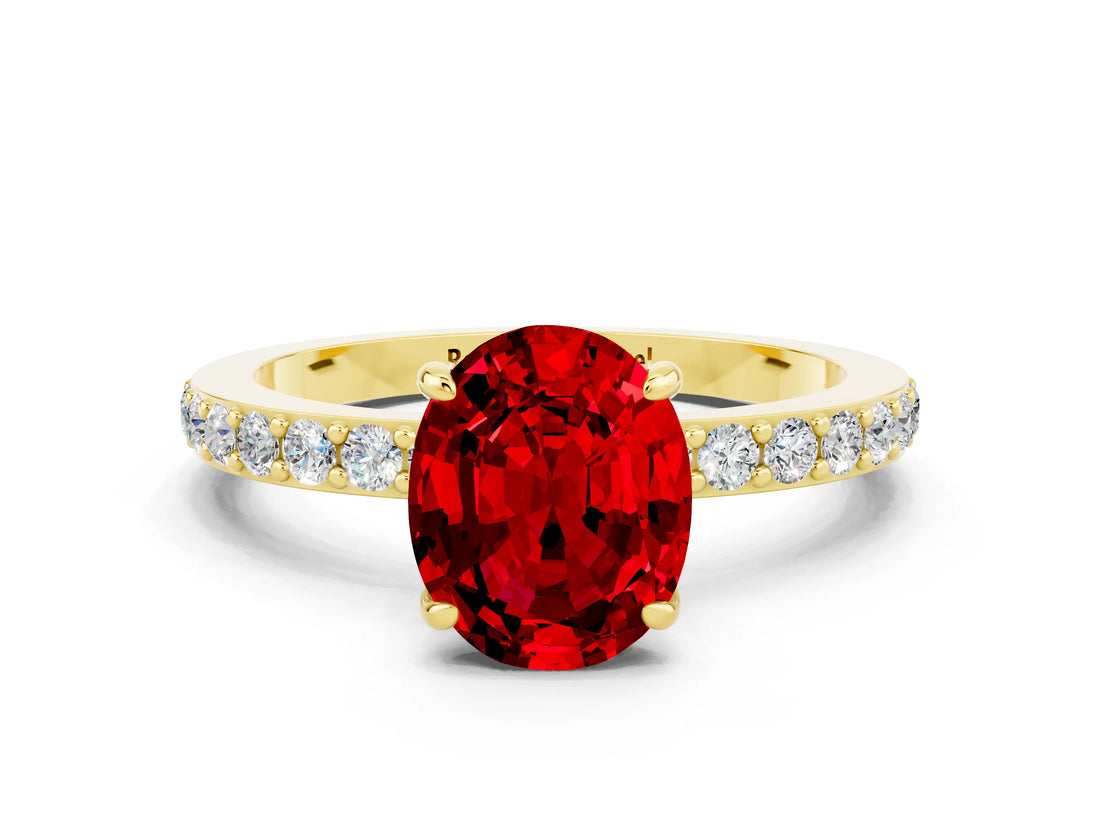 Yellow gold Oval Cut Ruby Solitaire Engagement Ring with Pavé Band and Four-Prong Setting
