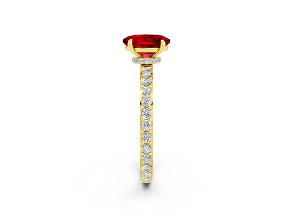Yellow gold Oval Cut Ruby Solitaire Engagement Ring with Pavé Band and Four-Prong Setting