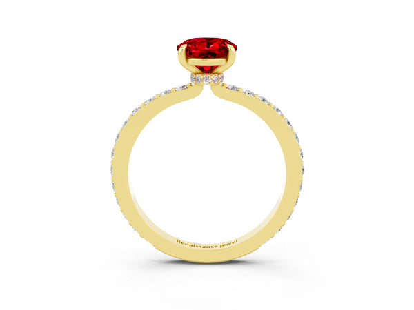 Yellow gold Oval Cut Ruby Solitaire Engagement Ring with Pavé Band and Four-Prong Setting