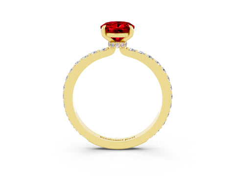 Yellow gold Oval Cut Ruby Solitaire Engagement Ring with Pavé Band and Four-Prong Setting_3