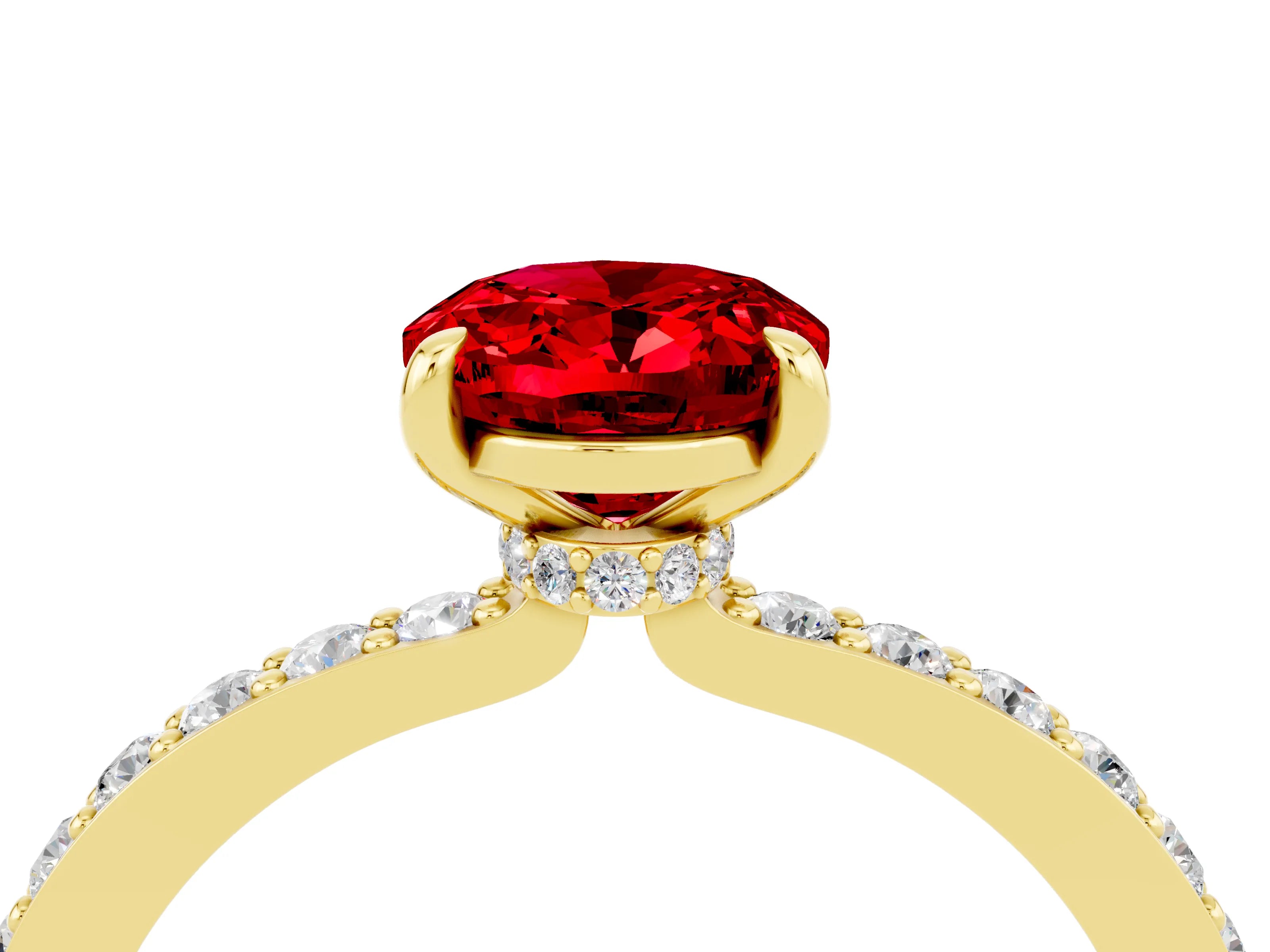 Yellow gold Oval Cut Ruby Solitaire Engagement Ring with Pavé Band and Four-Prong Setting_4