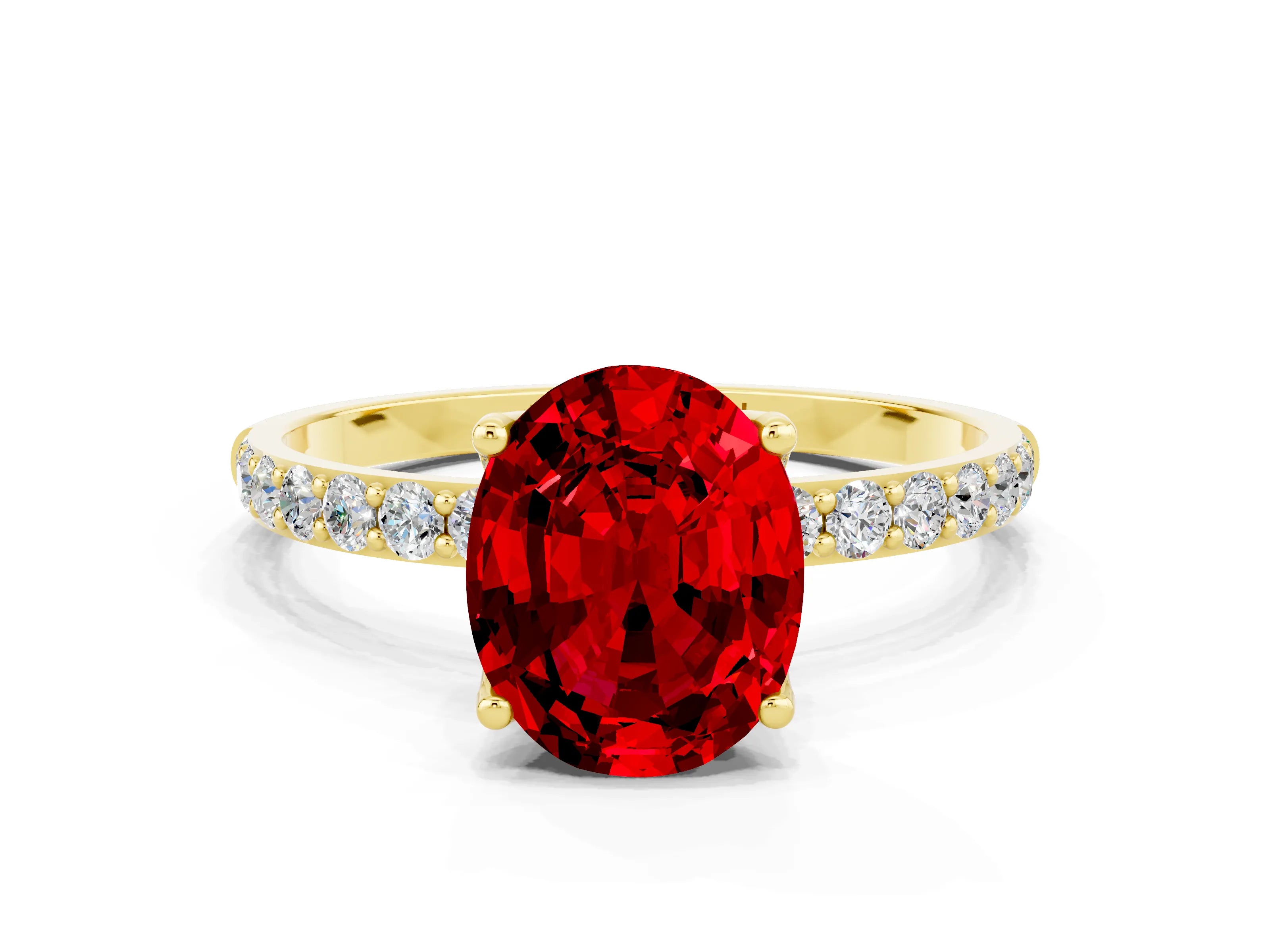 Yellow gold Oval Cut Ruby Solitaire Engagement Ring with Pavé Band and Prong Setting