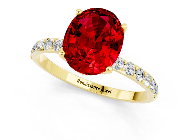 Yellow gold Oval Cut Ruby Solitaire Engagement Ring with Round  Pavé Band and Prong Setting