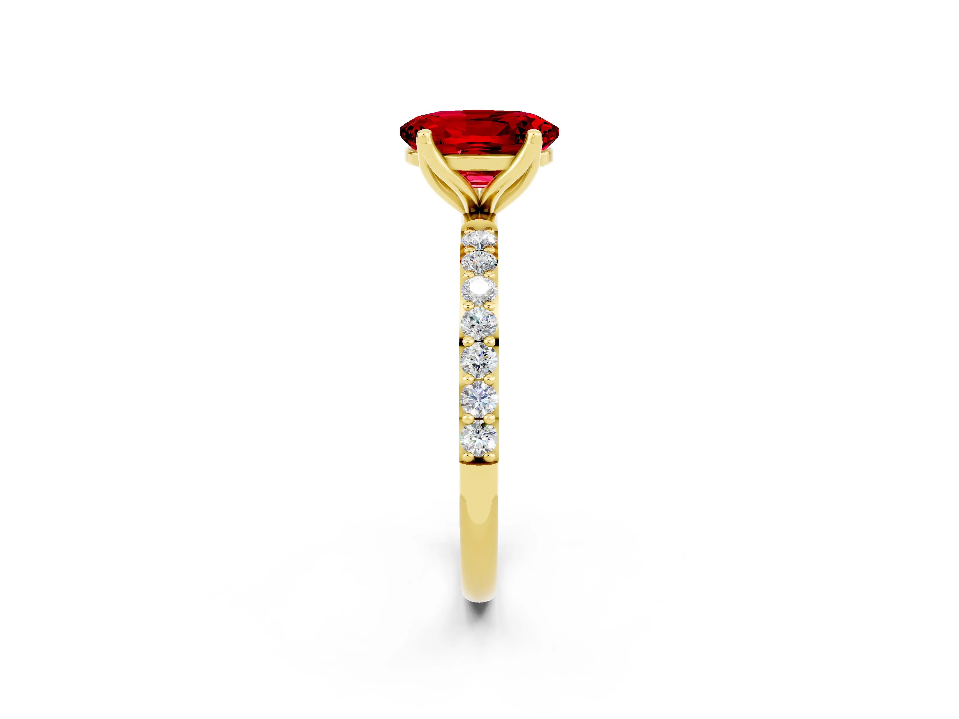 Yellow gold Oval Cut Ruby Solitaire Engagement Ring with Pavé Band and Prong Setting_2