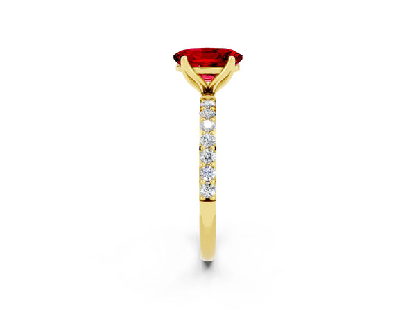 Yellow gold Oval Cut Ruby Solitaire Engagement Ring with Round  Pavé Band and Prong Setting